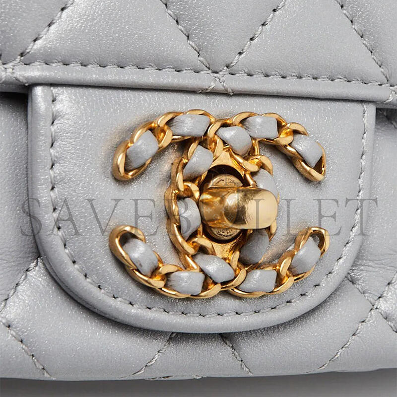 CHANEL SILVER QUILTED LAMBSKIN LEATHER STRASS ON TOP MINI FLAP BAG AS4362 (20*13*6cm)  